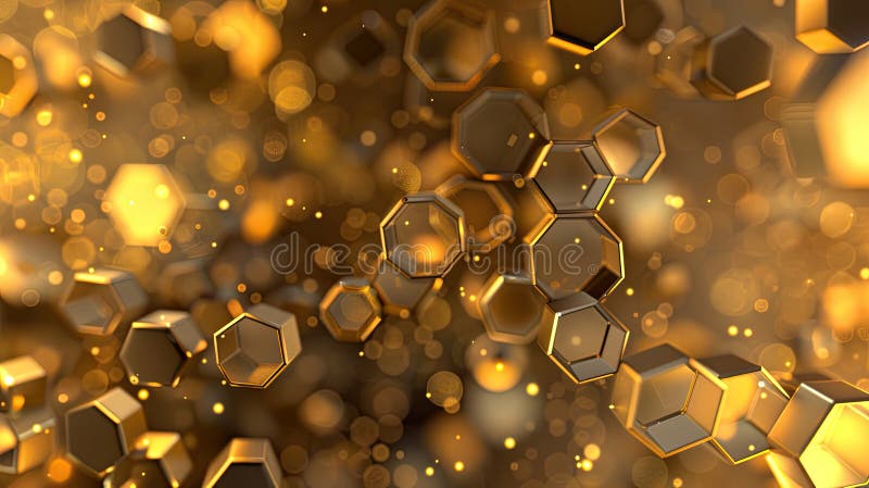 A digital rendering of metallic gold hexagon shapes floating in a hazy, golden bokeh background. AI generated