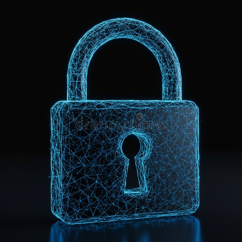 A digital rendering of a padlock composed of interconnected blue lines on a dark vector illustration