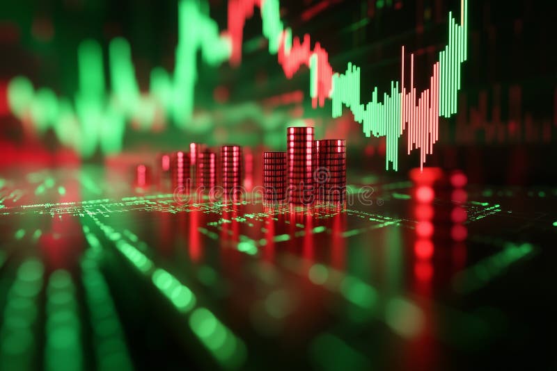 Digital rendering showcases a vibrant stock market graph with fluctuating trends and 3D bar indicators reflecting market activity stock images