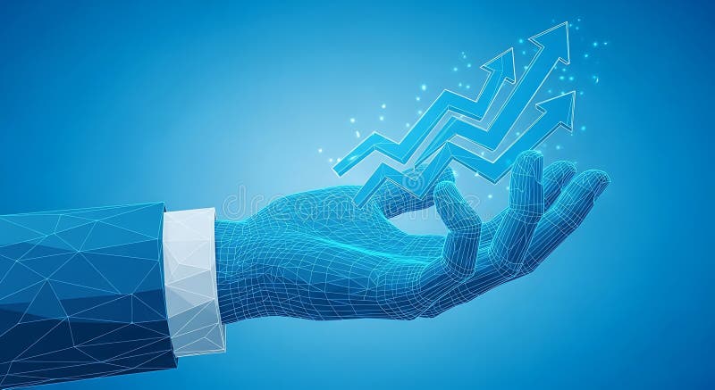 A digital rendering shows a 3D wireframe hand in shades of blue, resembling a stock illustration