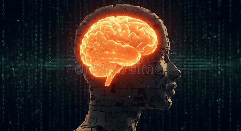 A digital rendering shows a human head, constructed from puzzle pieces, with an stock illustration
