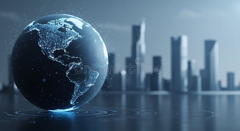 A digital rendering of a transparent globe displaying the Americas, highlighted by royalty free illustration