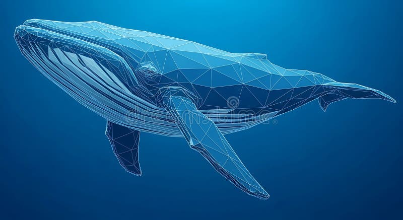 A digital rendering of a whale composed of a network of triangular polygons, resembling stock illustration