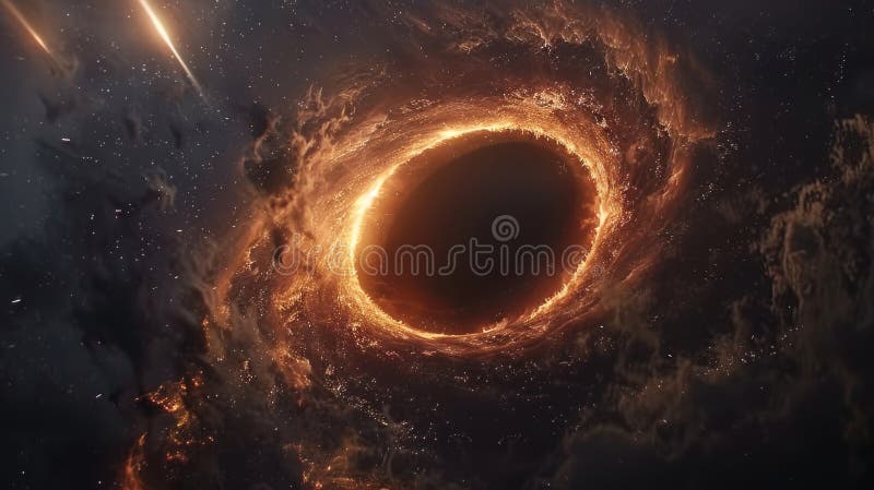A digital representation of a black hole with a glowing accretion disk and dynamic particle jets in deep space stock images