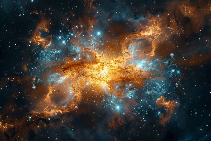 A digital representation of a black hole with a glowing accretion disk and dynamic particle jets in deep space stock photography