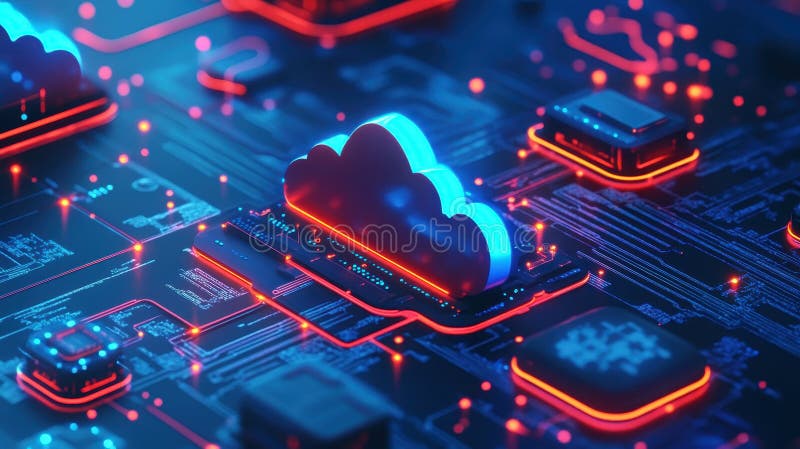 A digital representation of cloud computing with circuits and glowing elements stock illustration