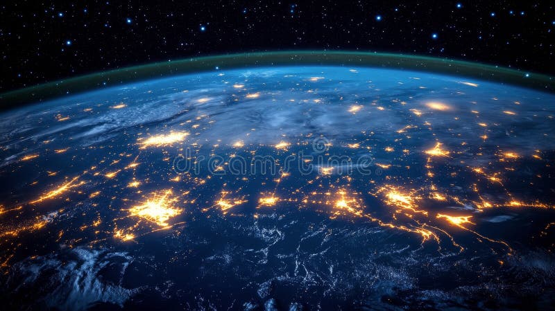 Digital representation of a connected world illuminated by glowing network points stock photos