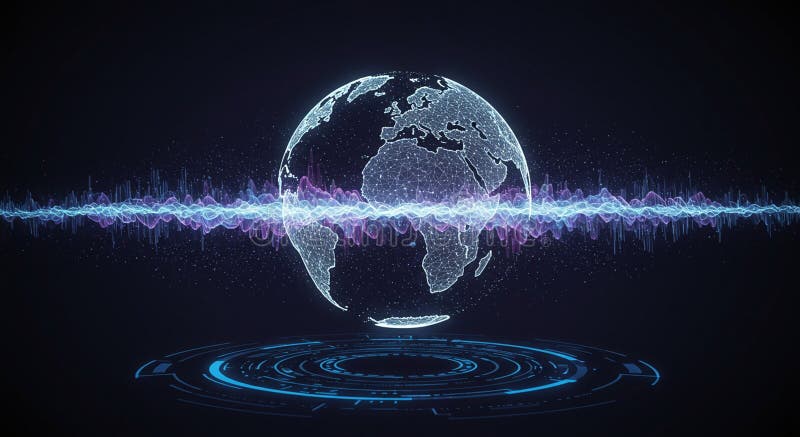 A digital representation of Earth appears as a wireframe globe, centered in a dark vector illustration