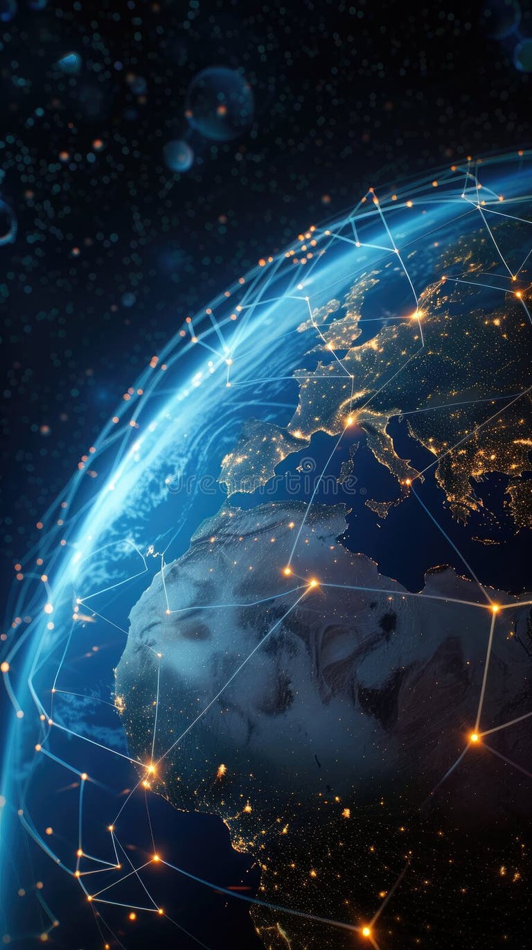 Global Digital Connectivity Map Illuminated Network Data Points Stock