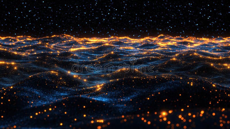 A digital representation of glowing waves against a starry backdrop stock illustration