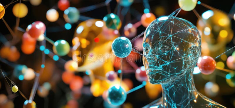 Abstract representation of human consciousness merging with digital networks and virtual reality