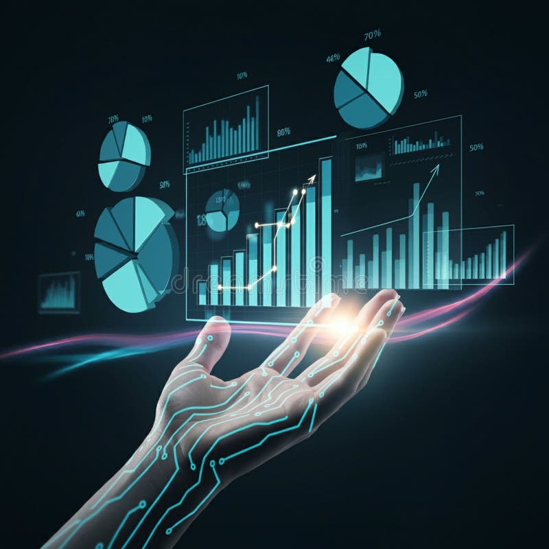 A digital representation of a human hand, embedded with glowing circuit patterns, is royalty free illustration