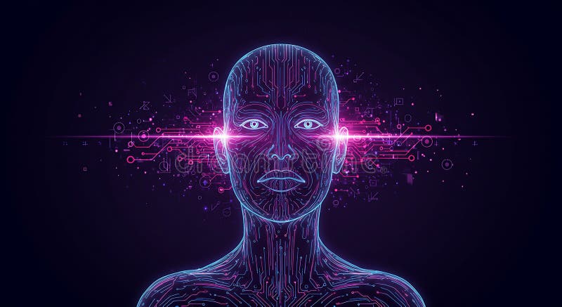A digital representation of a humanoid figure composed of intricate circuit stock illustration