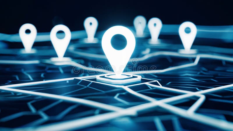 A digital representation of a map with multiple location markers, or pin icons, superimposed on it. royalty free illustration