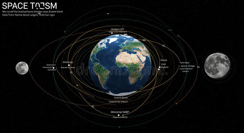 A digital representation of a space scenario features a central Earth with visible royalty free illustration