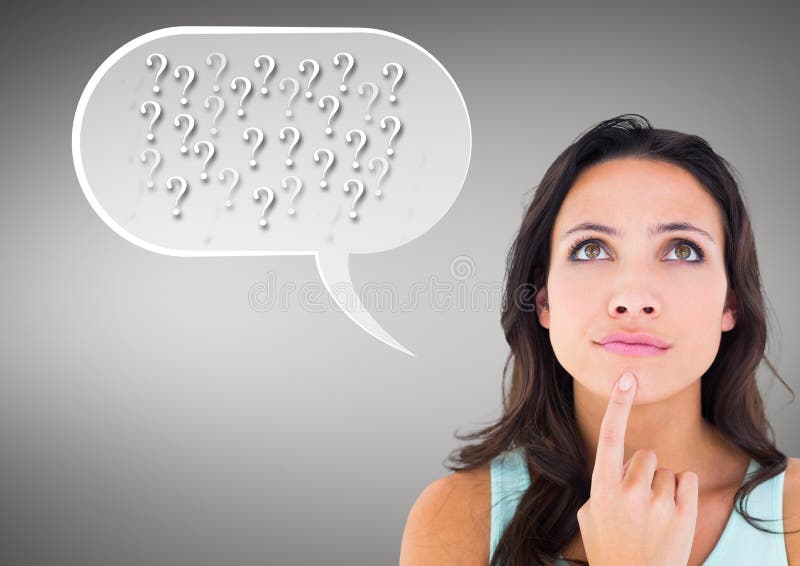 Digital sammansatt bild av den tänkande kvinnan med anförandebubblan
