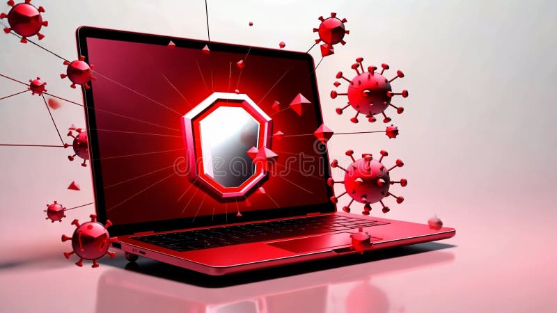Digital security alert on laptop as 3d virus icons intensify. Antivirus program, computer protection, electronics vector illustration