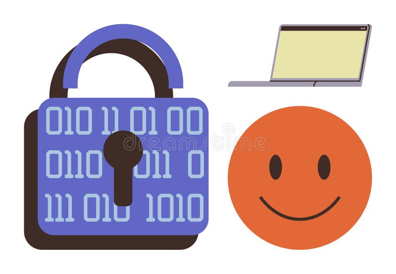 Digital Security Concept with Padlock, Binary Code, Laptop, and Smiling Face stock illustration