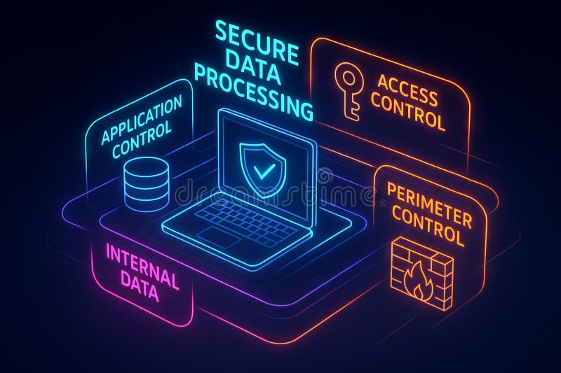 Digital security concept: secure data processing and access control with neon graphics highlighting application, perimeter, and