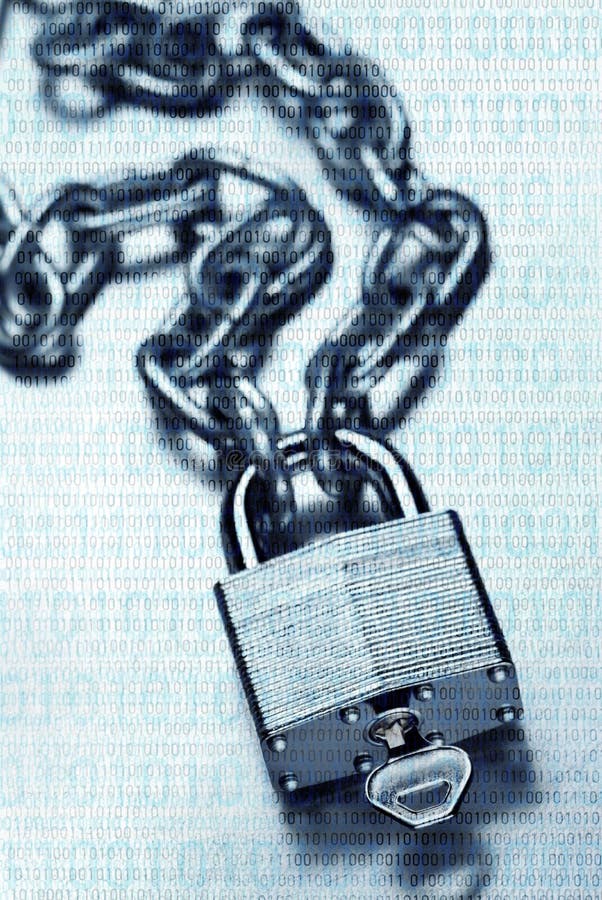 Digital security and encryption concept showing binary code overlaid on chain with steel padlock and key on scratched steel royalty free stock photography