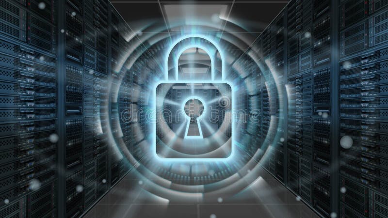 Digital security hologram with padlock on server room - Cyber security or network protection - 3D rendering stock illustration