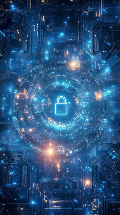 Digital Security Lock Symbol Glowing in a Futuristic Technology Landscape With Circuits and Lights stock photo