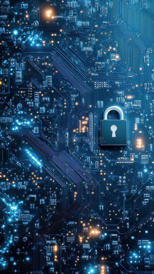 Digital Security Lock Symbol Glowing in a Futuristic Technology Landscape With Circuits and Lights stock images