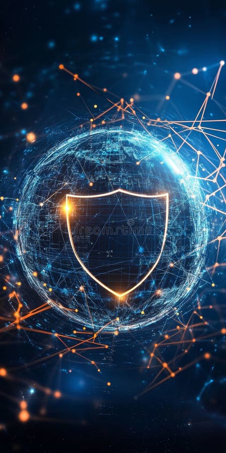 Digital Security Shield on Global Network with Data Connections vector illustration