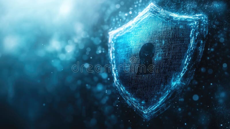 Digital security shield with keyhole on a blue sparkling background stock photos