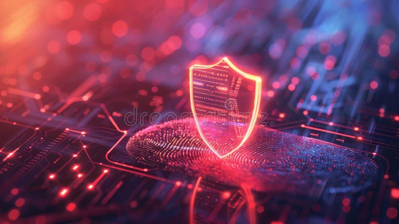 Digital security symbolized by a fingerprint scan and a glowing shield icon. Digital ethics. Copyspace stock illustration