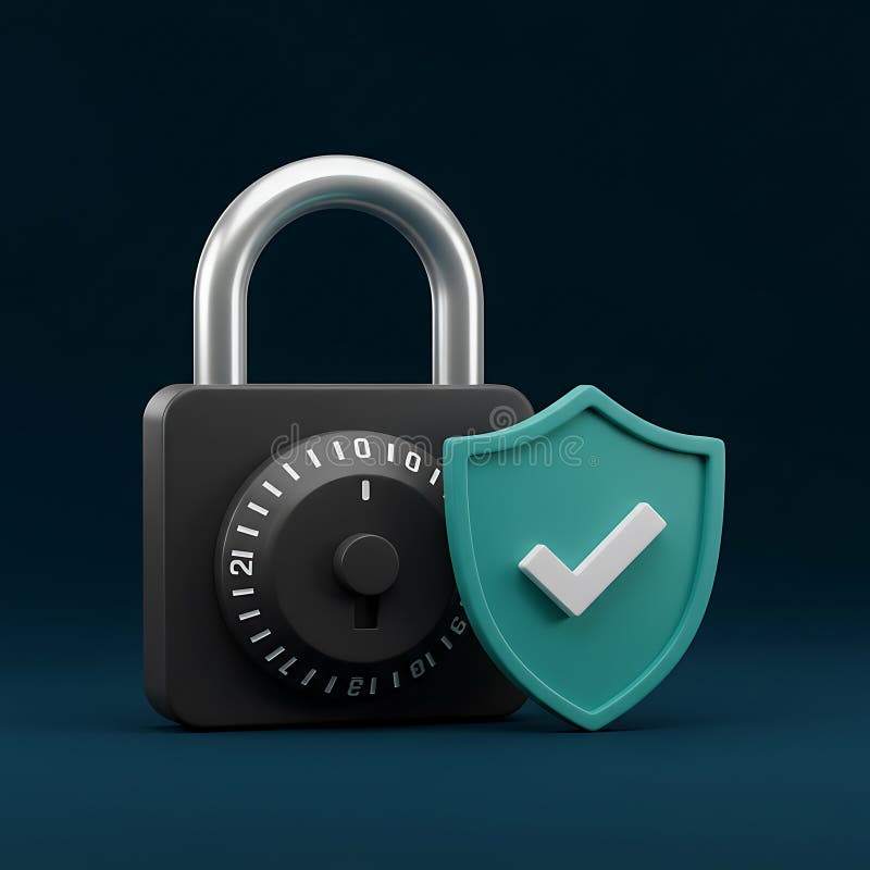 Digital Security System Enhanced Protection Padlock and Shield 3D Render. A 3D render of a padlock and a shield symbolizing digital security and protection