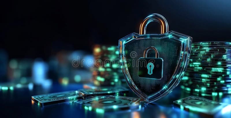 Secure banking with a shield and lock symbolizing privacy and protection. Generative AI stock images