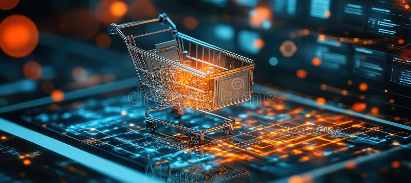 Digital shopping cart illuminated by vibrant data streams in a futuristic environment stock image
