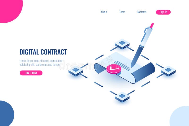 Digital smart contract, isometric icon concept of electronic signature, blockchain technology crypto, paper receipt of royalty free illustration