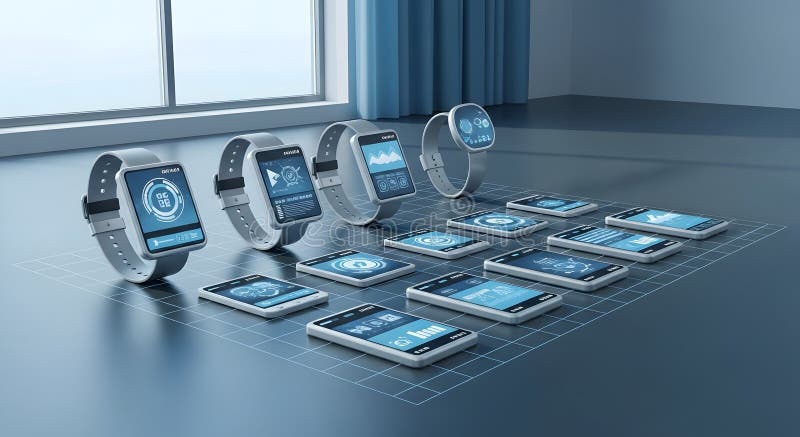 Digital Smartwatches and Tablet Devices Displaying Fintech Data and Connections stock photos