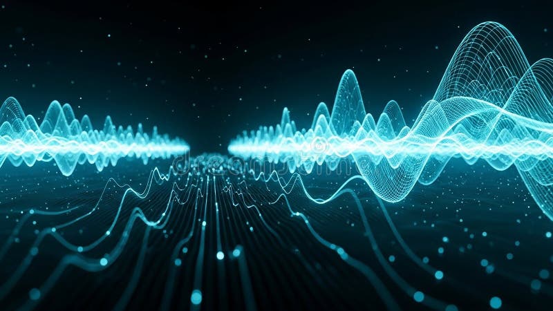 Digital Sound Waveform Visualization with Glowing Blue Lines and Particles abstract vector illustration