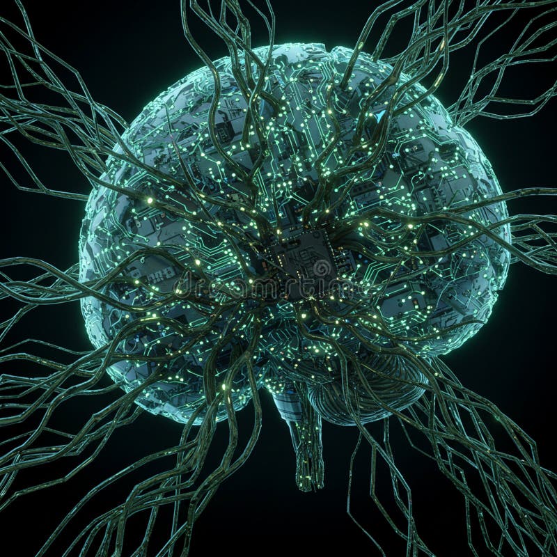 A digital sphere resembling a brain, composed of intricate circuit boards and vector illustration