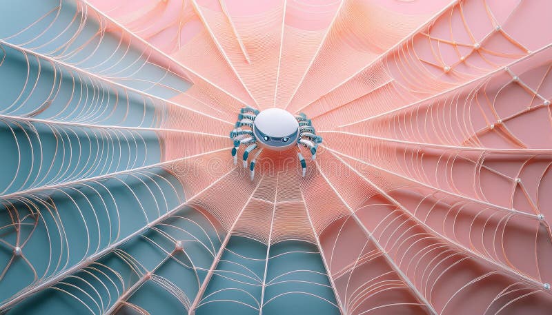Digital spider web with a search engine robot navigating it, symbolizing the web-crawling function of search engines vector illustration