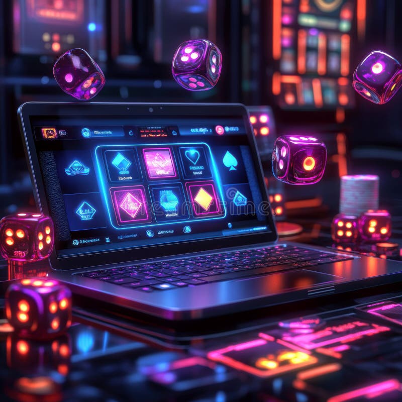 Digital stock image of a neon-lit gaming table with a laptop and floating dice, suggestive of excitement and risk stock photography