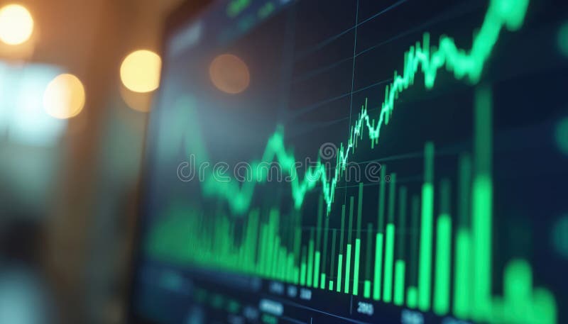 Digital stock market screen shows dividend stock graph with upward trend line. Green chart financial growth, investment success. stock images