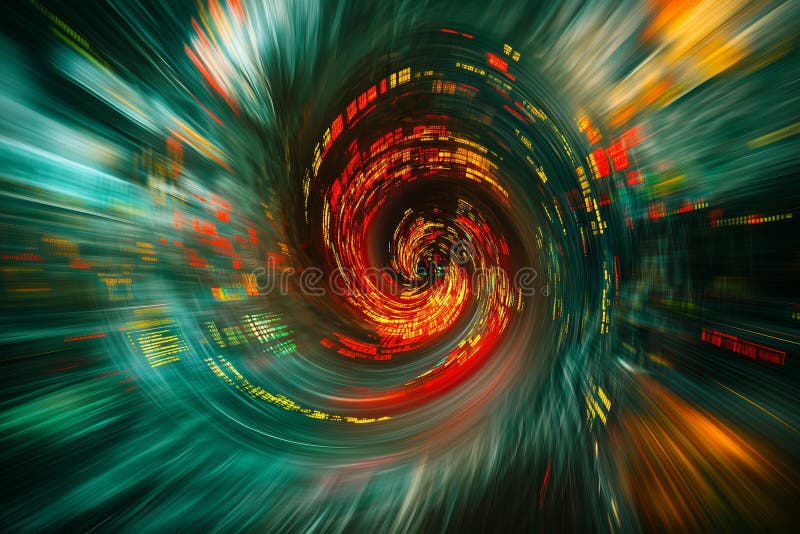 Digital storm of stock market data swirling in vibrant colors creates a captivating visual representation of financial stock photography