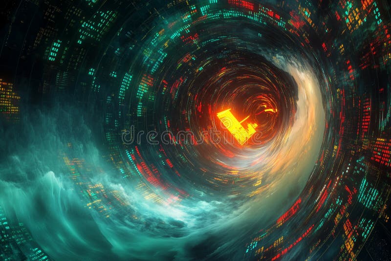 Digital storm visualization portraying tumultuous stock market data interwoven with swirling colors and dynamic patterns royalty free stock image