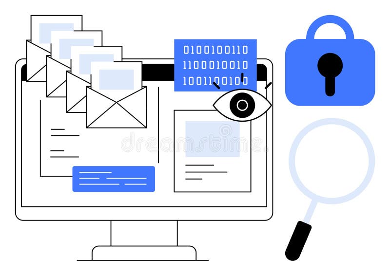 Digital säkerhet och dataskydd med datorskärms- och kuvertikoner royaltyfri illustrationer