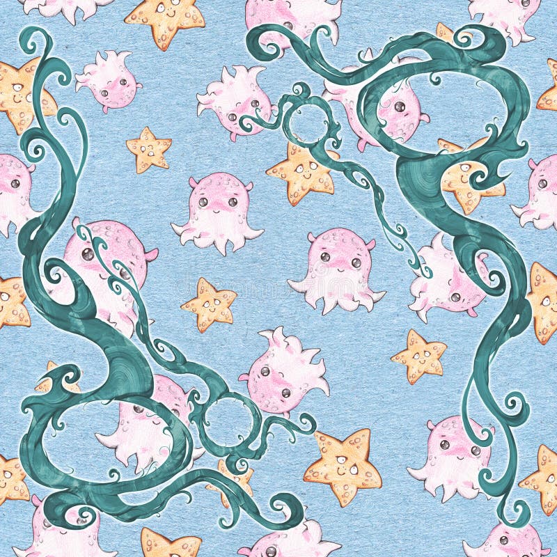 Digital sömlös design av härliga, eleganta och krullade rambeståndsdelar med havsvarelsebakgrund stock illustrationer Digital sömlös design av härliga, eleganta och krullade rambeståndsdelar med havsvarelsebakgrund stock illustrationer