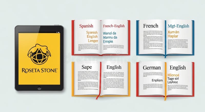 A digital tablet displaying the Rosetta Stone logo sits to the left. Open books with mock language text are arranged on the right. The books are labeled with languages such as Spanish English French English and German English. Each book features two columns with text in different languages highlighted with corresponding colors red blue and yellow. The design mimics a language learning setup emphasizing multilingual education. The layout suggests a focus on translation and language comparison. Logo comparison illustrations