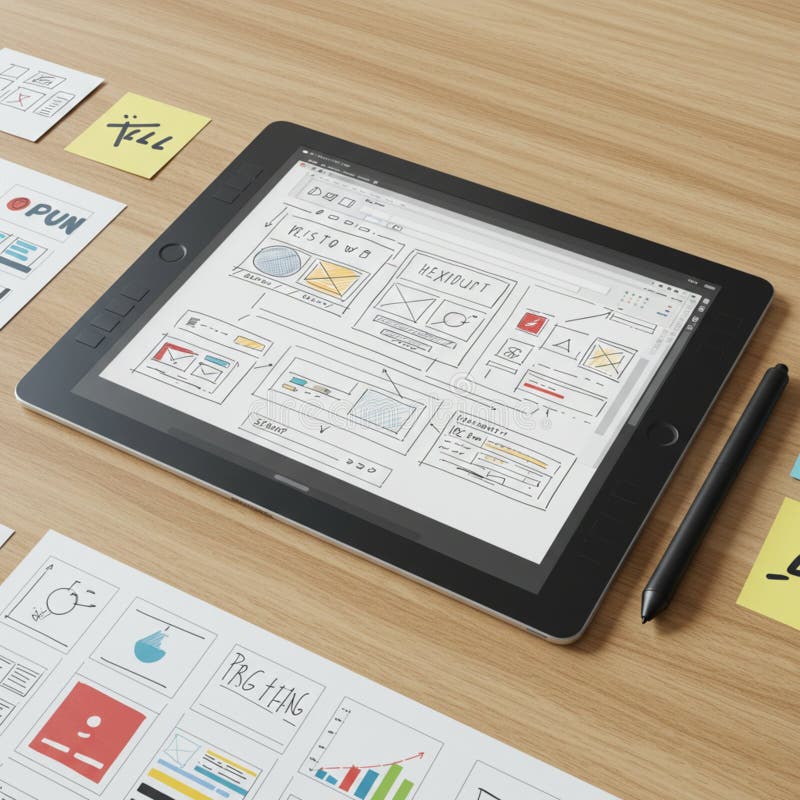 A digital tablet displaying wireframe sketches for web design on a wooden desk. vector illustration