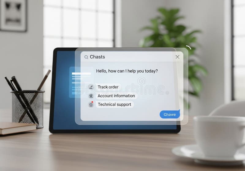 A digital tablet displays a chat interface offering options like \'Track stock illustration