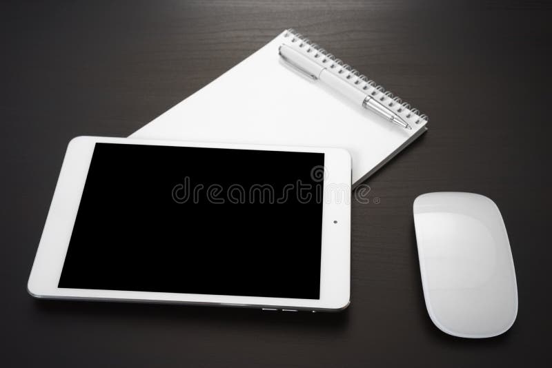 Digital tablet and notepad. Screen, background.