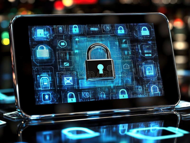 Digital Tablet Security System. A digital tablet displaying a graphic representation of security features. The image highlights the importance of cyber security measures in today s digital world. The tablet screen shows various security icons and a central lock symbol, representing encrypted data and access protection