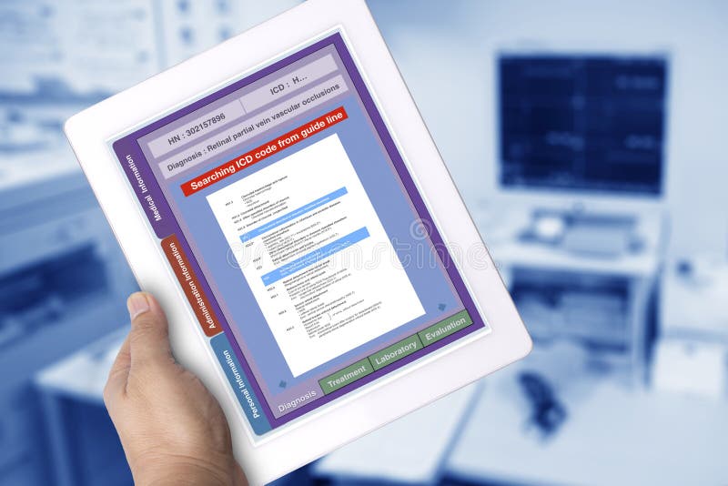 Digital tablet showing medical record code searching on screen stock photo